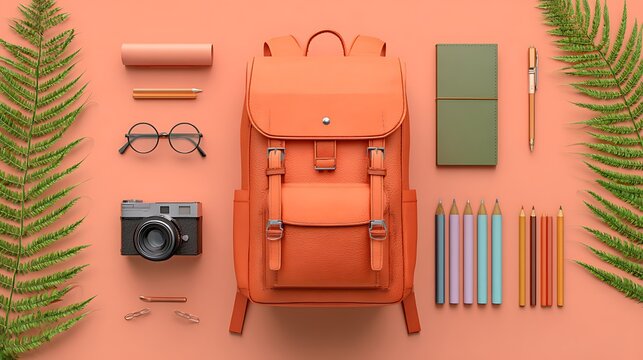 Stylish Backpack, Camera, and Stationery Essentials for Creative Professionals, A flat lay showcasing a stylish gray backpack, a vintage-style camera, assorted notebooks, pencils, and other stationery - Powered by Adobe