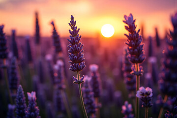Obraz premium Lavender flowers glowing under golden hour light with soft background blur, deep purple tones, and cinematic shadows for wellness, fragrance, and floral brand campaigns.