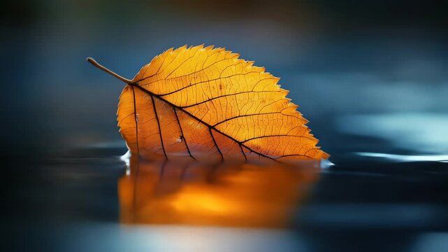 Closeup of a vibrant orange leaf floating on water with a blurred background