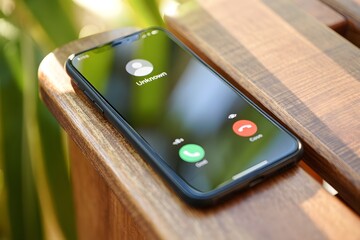 Woman holding mobile phone with incoming call from an unknown caller. scammer or stranger, Hoax person with fake identity, Prank caller, anonymous, Fraud or phishing concept, beware of unwanted calls,