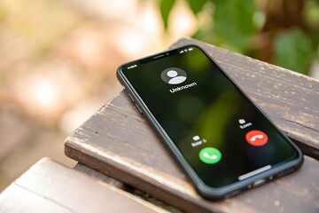Woman holding mobile phone with incoming call from an unknown caller. scammer or stranger, Hoax person with fake identity, Prank caller, anonymous, Fraud or phishing concept, beware of unwanted calls,