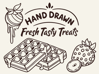 Hand drawn fresh tasty treats with waffles and chocolate covered strawberries illustration design