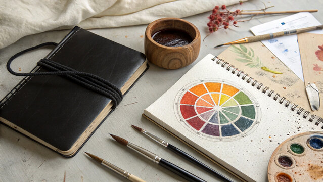 Artist s workspace with a color wheel sketch paintbrushes a notebook and a wooden bowl of pigment