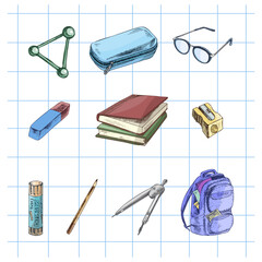 Hand drawn vintage sketch of colorful school supplies set on grid paper background, isolated vector illustration
