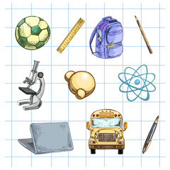 Hand drawn vintage sketch of colorful school items collection on grid paper background, isolated vector illustration