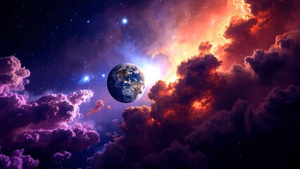 Obraz premium Vibrant Cosmic Nebula with Distant Planet.