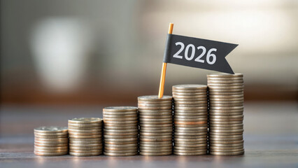 2026 Balance and savings goals. Stacks of coins arranged in ascending order with a small flag labeled "2026" on the tallest stack, symbolizing financial growth or future savings.