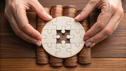 Hands placing the final piece of a circular puzzle over stacks of coins on a wooden surface, symbolizing financial strategy or investment.
