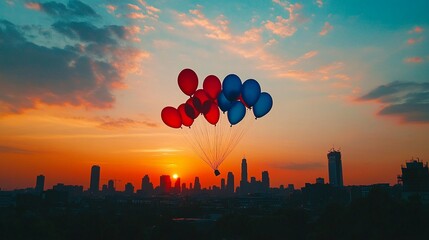 Patriotic balloon cluster in red,  and blue colors flying above a city skyline silhouette at sunset.