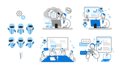 Concept: Illustrating how diverse people integrate AI into daily routines with trust and ease. Cartoon character heads of People interacting with AI in everyday life situations.