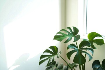 Monstera plant in sunlit corner near window