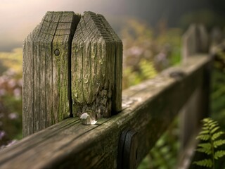Morning dewdrop on rustic wooden fence post