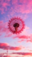 Pink dandelion seed head against sunset sky