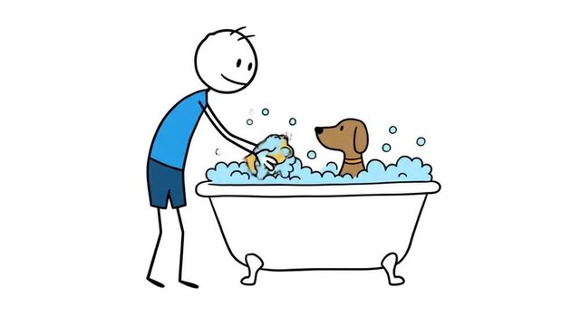 Person bathing dog in tub cartoon illustration