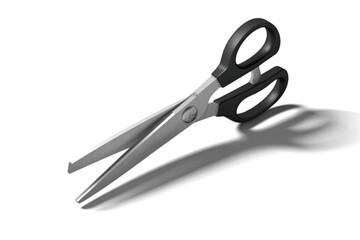 Sharp metal scissors with black handles on white background
