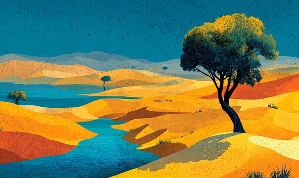 Illustration of vast yellow sand dunes with a distant shimmering blue lake and lone green tree, warm sunrays and dramatic shadows in a gouache-textured desert scene