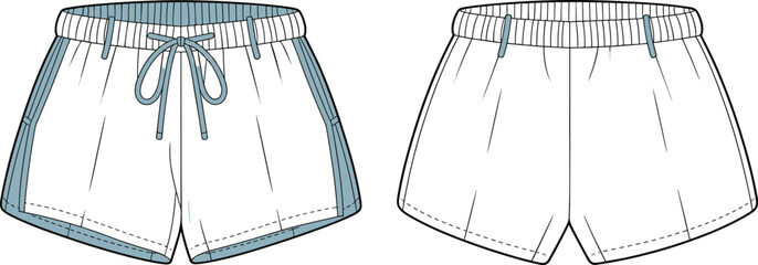  Women's sporty short pants technical fashion drawing, front and back view, elasticated waistband with drawstring, athletic leisurewear apparel design vector illustration.