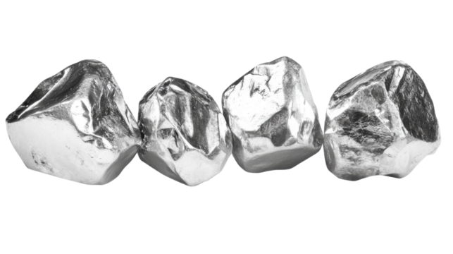 Four Set of Raw Silver Metal Nuggets Isolated on White Background

