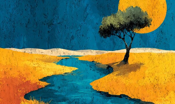 Illustration of vast yellow sand dunes with a distant shimmering blue lake and lone green tree, warm sunrays and dramatic shadows in a gouache-textured desert scene