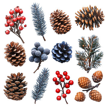 Collection of festive winter natural elements including pine cones frosted fir branches and red berries isolated on transparent background