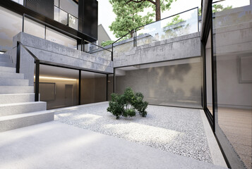 Modern Architecture with Indoor Garden courtyard and Minimalist Design. 3D illustration