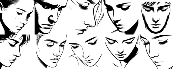 set of ten sad facial expression vector, eyes down, subtle frown, minimalist clean outline style