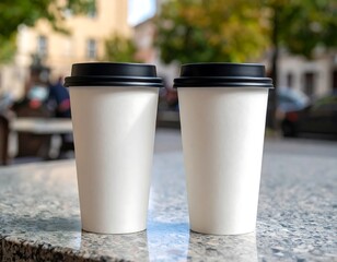 Two white coffee cups on a stone surface