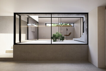 Modern Minimalist Interior with Natural Light and Greenery. 3D illustration
