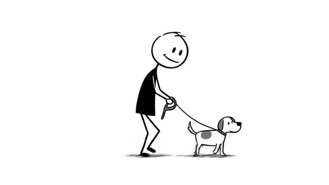 Stick figure person walking dog illustration