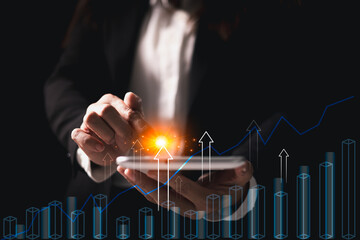 Business goal achievement and growth success. chart with upward arrows and target center symbolizes business planning, strategic development, performance aimed future success. achievement growth