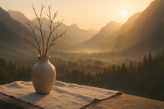 Ceramic vase holding delicate twigs sits before a hazy mountain vista at sunrise
