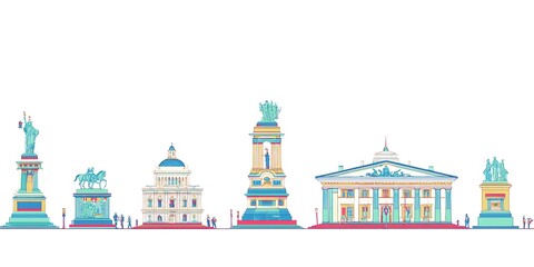 Architectural landmarks with stylized color palette