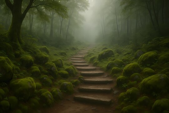 Enigmatic misty forest pathway scene with mossy rocks and a simple composition.