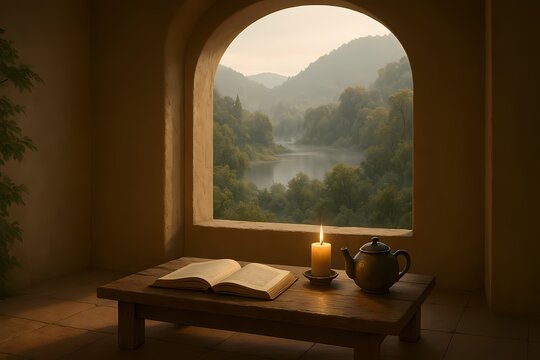 Indoor serenity scene of a book, tea kettle, and candle on a wooden table near window