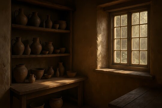 Rustic room featuring earthen pots on shelves beside a window with warm sunlight.