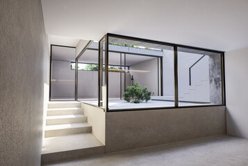 Modern minimalist interior with natural light and greenery. 3D illustration