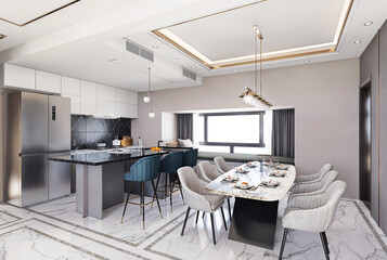 Modern Kitchen and Dining Room Interior Design. 3D illustration
