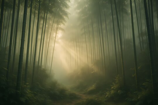 Mystical foggy bamboo forest scene with path through nature, sunlight enhancing the peaceful mood