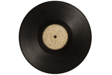 Vintage vinyl record spinning, revealing intricate surface grooves and unmarked label against transparent backdrop