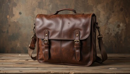 Stylish brown leather bag on a wooden surface with a textured background relevant
