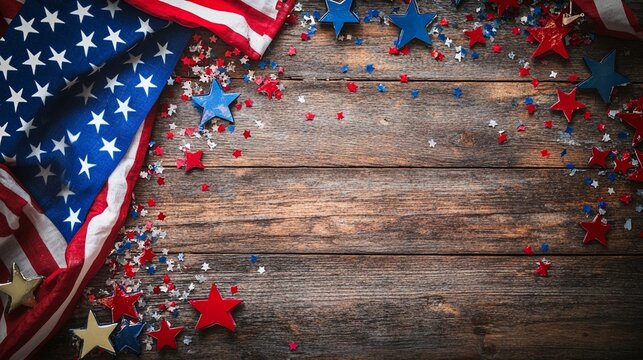 Top view of American flags, red-white-blue confetti, and star-shaped decorations on rustic wood background.