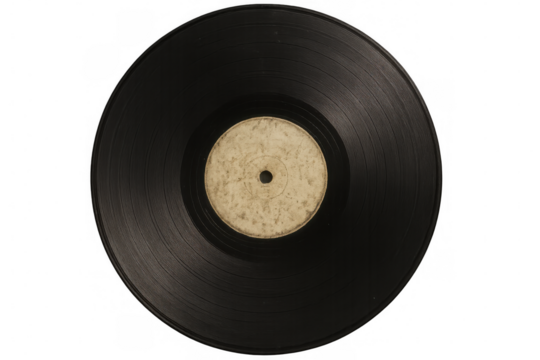 Vintage vinyl record spinning, revealing intricate surface grooves and unmarked label against transparent backdrop