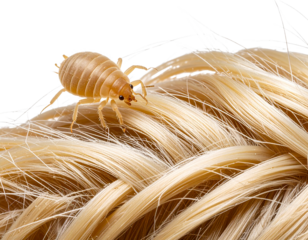 Side profile of a single itchy louse parasite on scalp, detailed insect anatomy, isolated on white background PNG