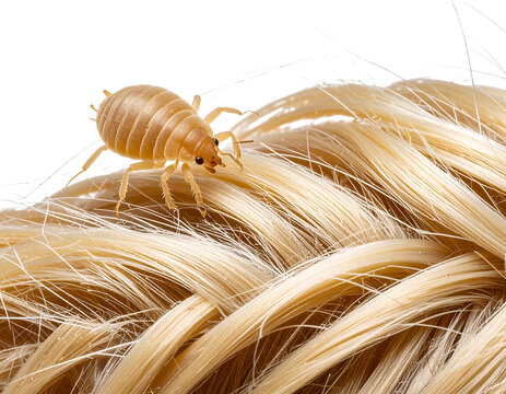 Side profile of a single itchy louse parasite on scalp, detailed insect anatomy, isolated on white background PNG