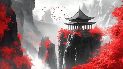 Red Leaves with Mountain Temple, and Zen.