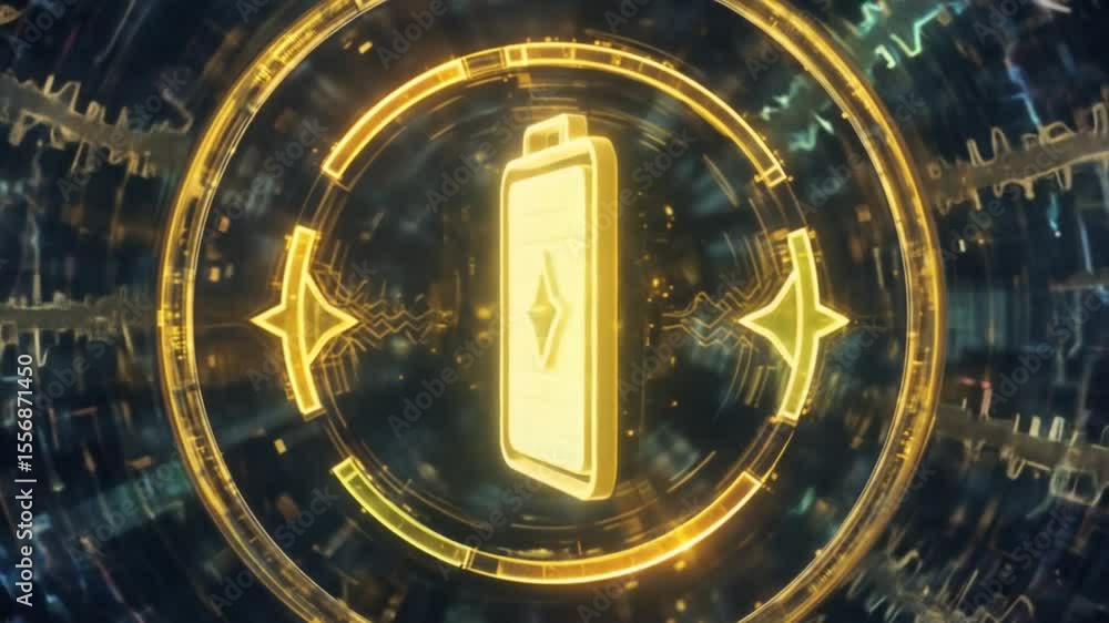 Poster futuristic golden battery icons rotating on digital background in seamless loop