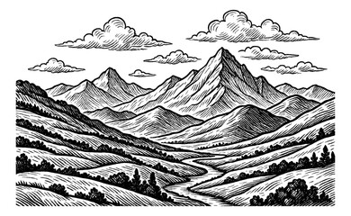Engraved Mountain Landscape with River and Clouds in a Valley Black and White Artwork