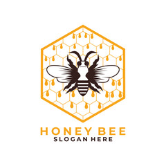 Honey Bee logo design vector template. Hexagonal Honey and Bee animal vector icon
