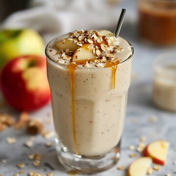 Thick apple smoothie with honey drizzle and oat topping