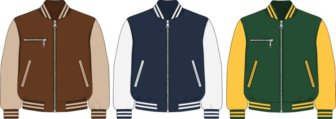 Cad drawing flat vector illustration of men's varsity bomber jackets, front view, fashion technical sketch, detailed design, color variation